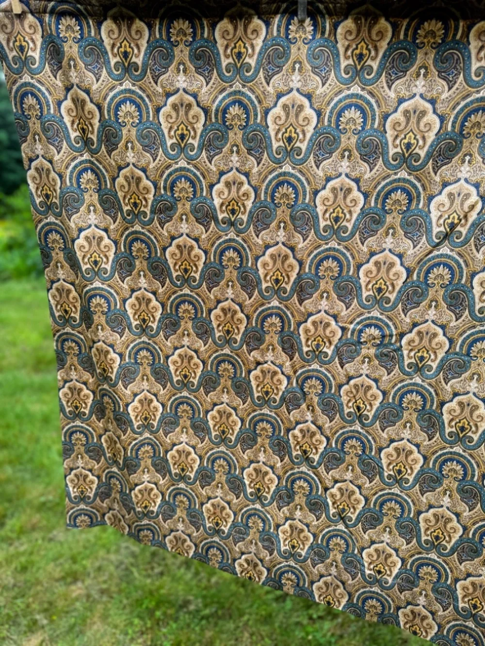 Blue and Gold Medallions Curtain Panel 74 in Wide 42 in Long Lined Custom Made